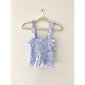 ASTR Blue Smocked Ruffle Strap Crop Top Cotton Size M Sleeveless
